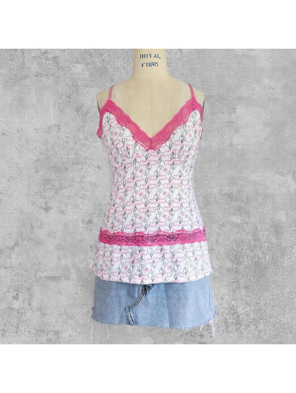 Y2K Baby Phat Lace Trim Peplum Cami Tank Top XL Pink Floral Print Coquette Indie